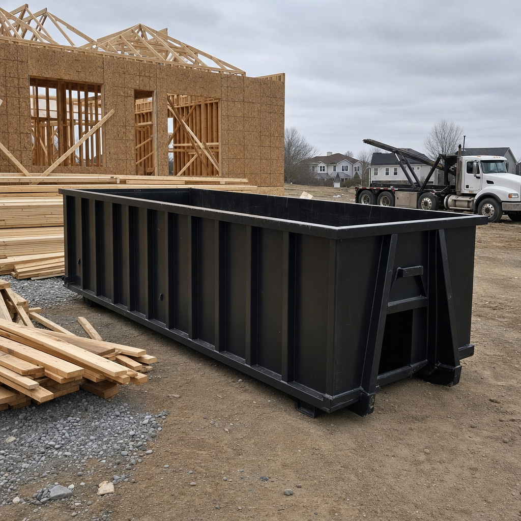 Matte-black 40-yard roll-off dumpster staged on a framed-out residential construction site in Clinton, framing lumber stacked nearby, hooklift delivery truck visible in the background under bright Colorado daylight