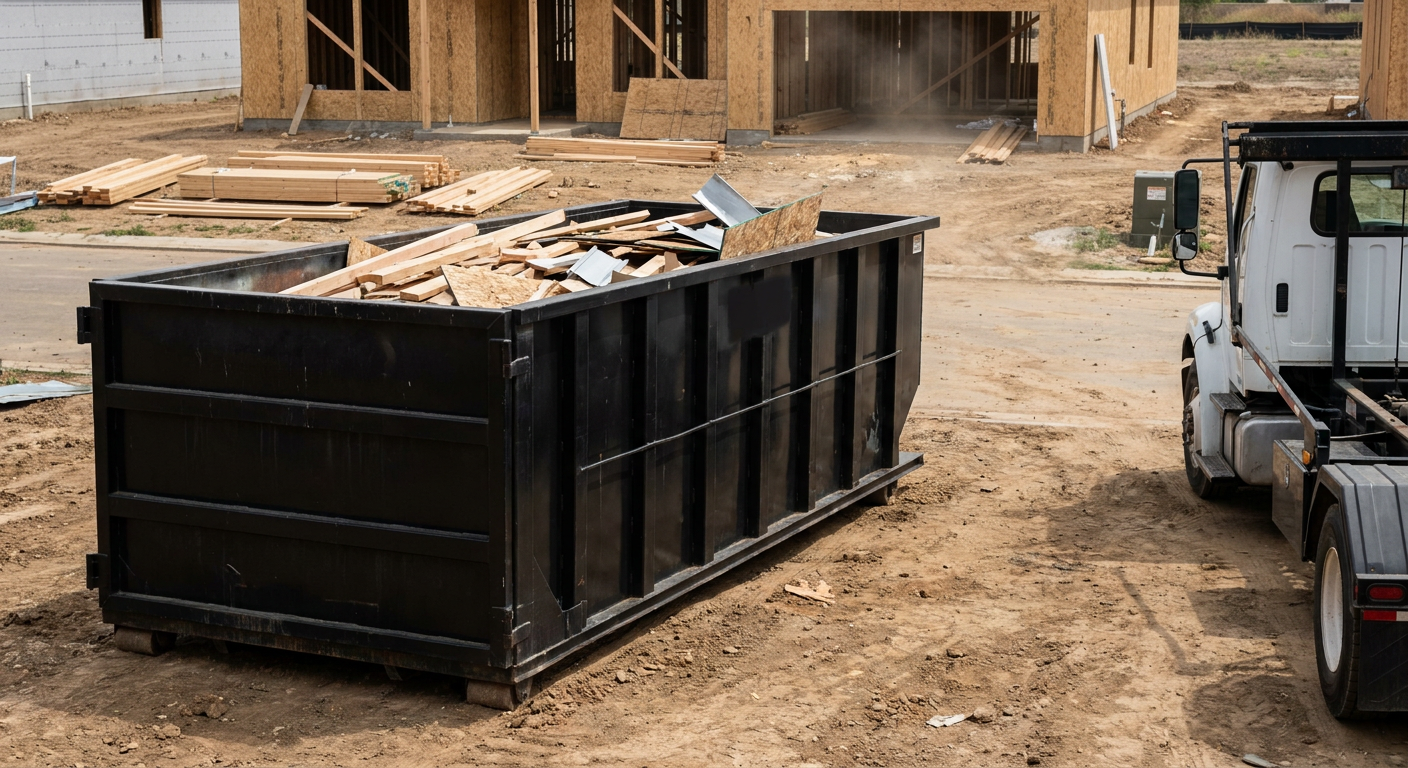 Matte-black 20-yard roll-off construction dumpster with heavy ribbed steel sidewalls and swing rear doors at a working jobsite in Clinton, sitting directly on compacted dirt with an unmarked white hauler partially visible at the far edge of the frame.