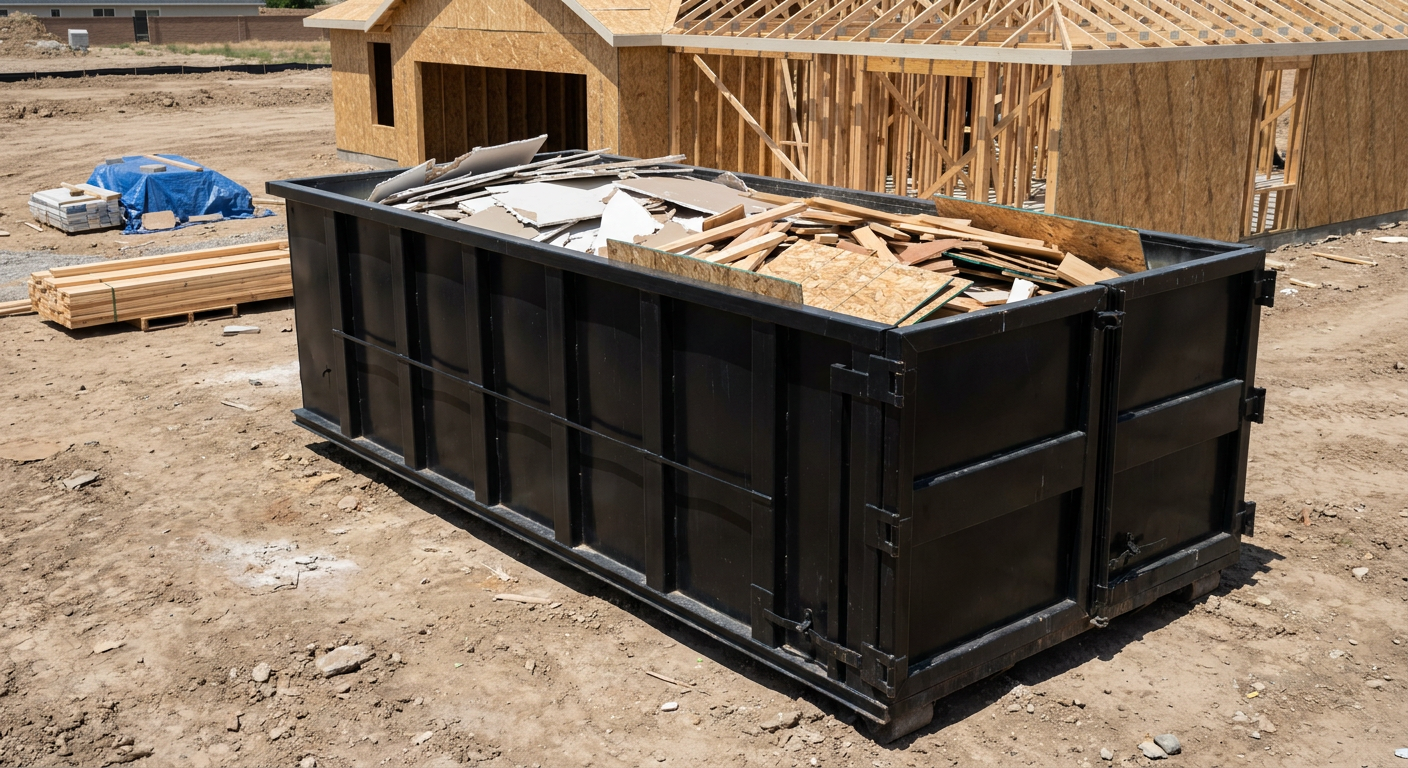 Matte-black 30-yard roll-off construction dumpster sitting directly on the compacted-dirt site of a framed single-family home build in Clinton, drywall and lumber scrap loaded inside.