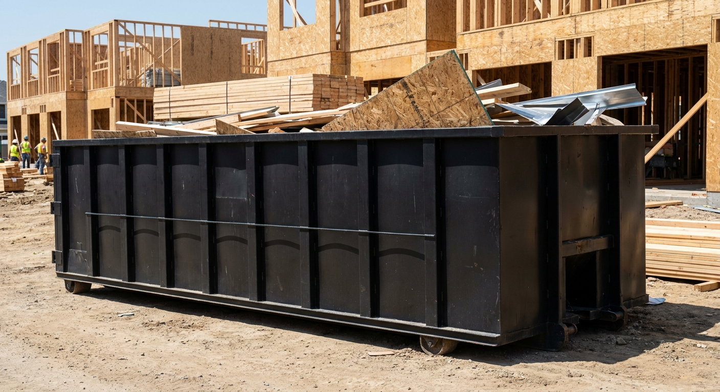 Matte-black 40-yard roll-off construction dumpster being lowered from a white-cab hooklift delivery truck onto the compacted-dirt jobsite at a commercial build site in Clinton