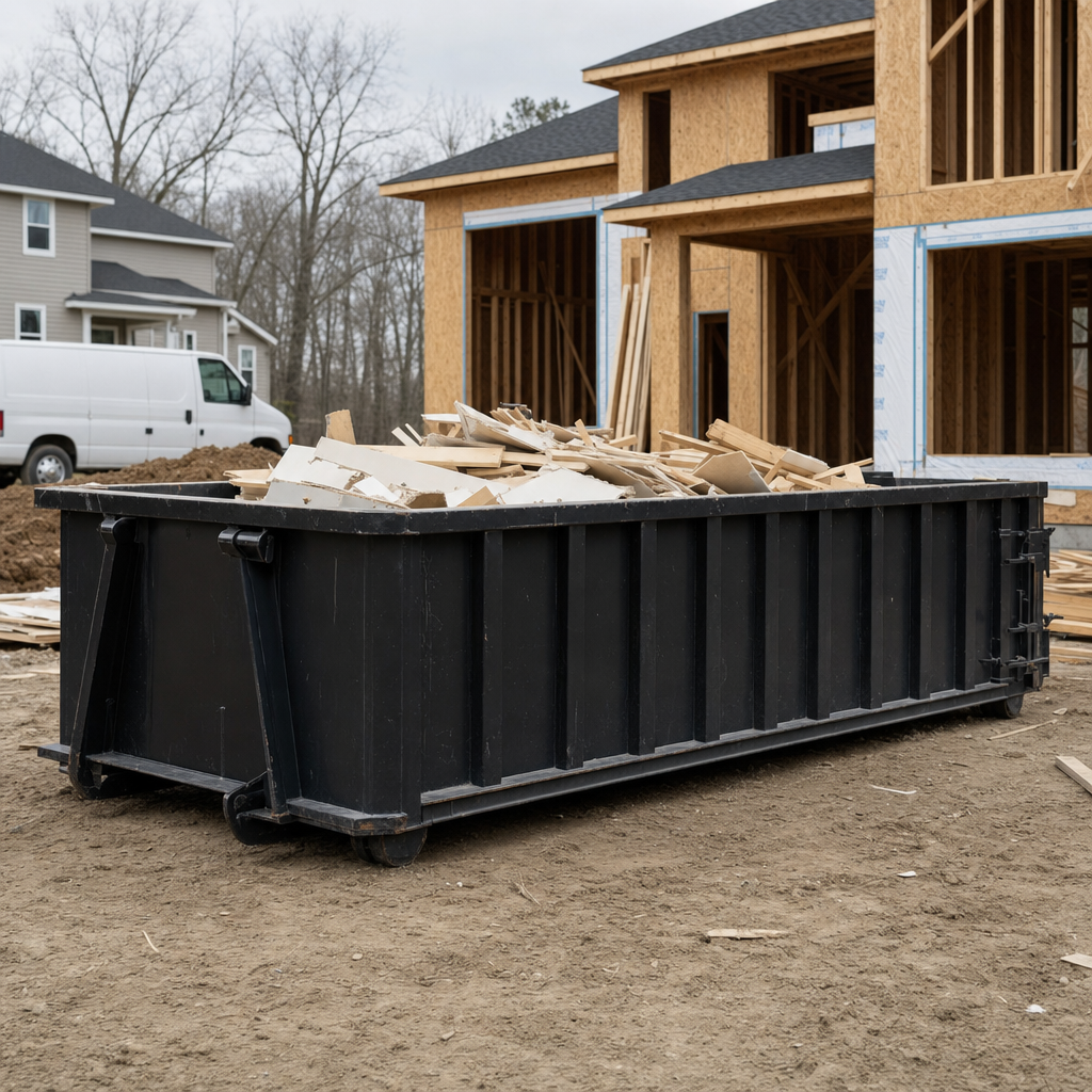 Worker in a yellow high-visibility vest tossing framing lumber and broken drywall into a matte-black 30-yard construction roll-off dumpster on an active build site in Clinton, bright daylight