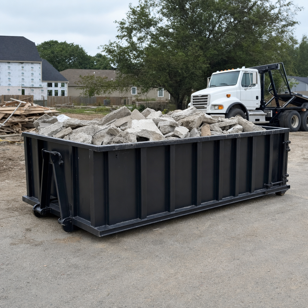 Low-profile matte-black lowboy roll-off dumpster loaded with broken concrete slab and rebar at a foundation tear-out in Clinton, skid steer parked beside it, sunny Colorado morning
