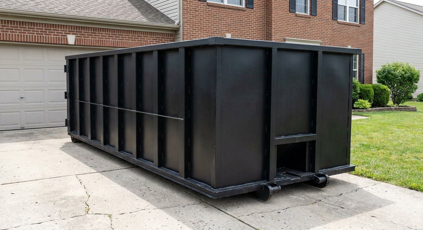 Matte-black 20-yard roll-off container on a Clinton residential concrete driveway with reinforced ribbed steel sidewalls and a hinged rear walk-in door, clean bright daylight.