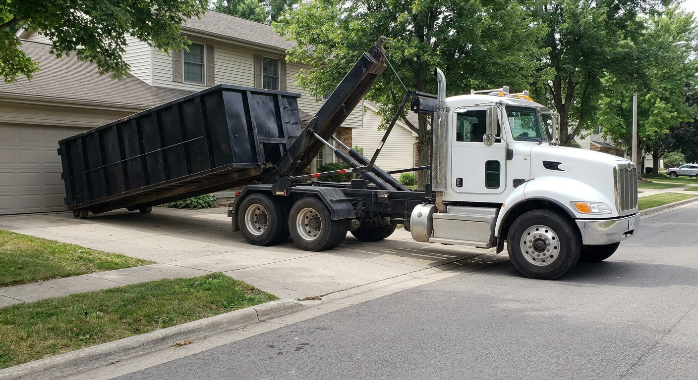 White-cab hooklift roll-off truck actively lowering a matte-black dumpster onto a Clinton residential concrete driveway, the dumpster's rear wheels touching the driveway as the hoist arm tilts the bed forward, mid-morning daylight.