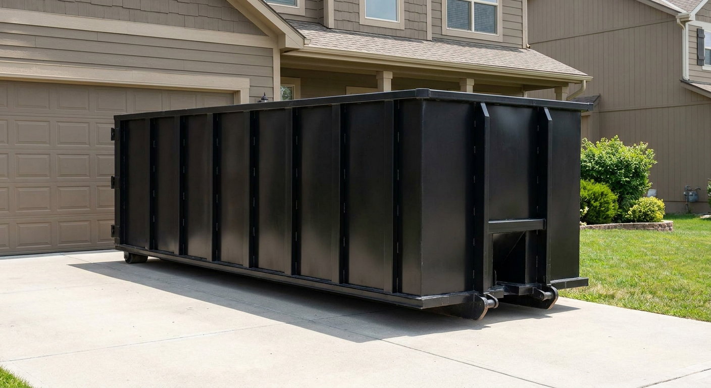 Matte-black residential roll-off dumpster sitting directly on a suburban Clinton concrete driveway, garage door closed, single-family home in background, bright morning daylight.