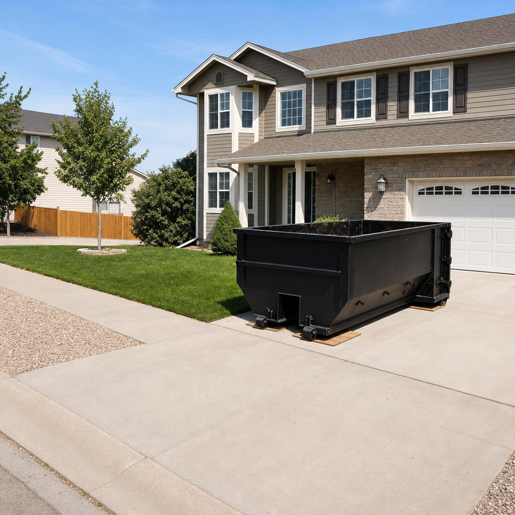 10-yard matte-black residential dumpster placed directly on a narrow Clinton concrete driveway, room remains for a parked sedan beside it, mid-morning natural light
