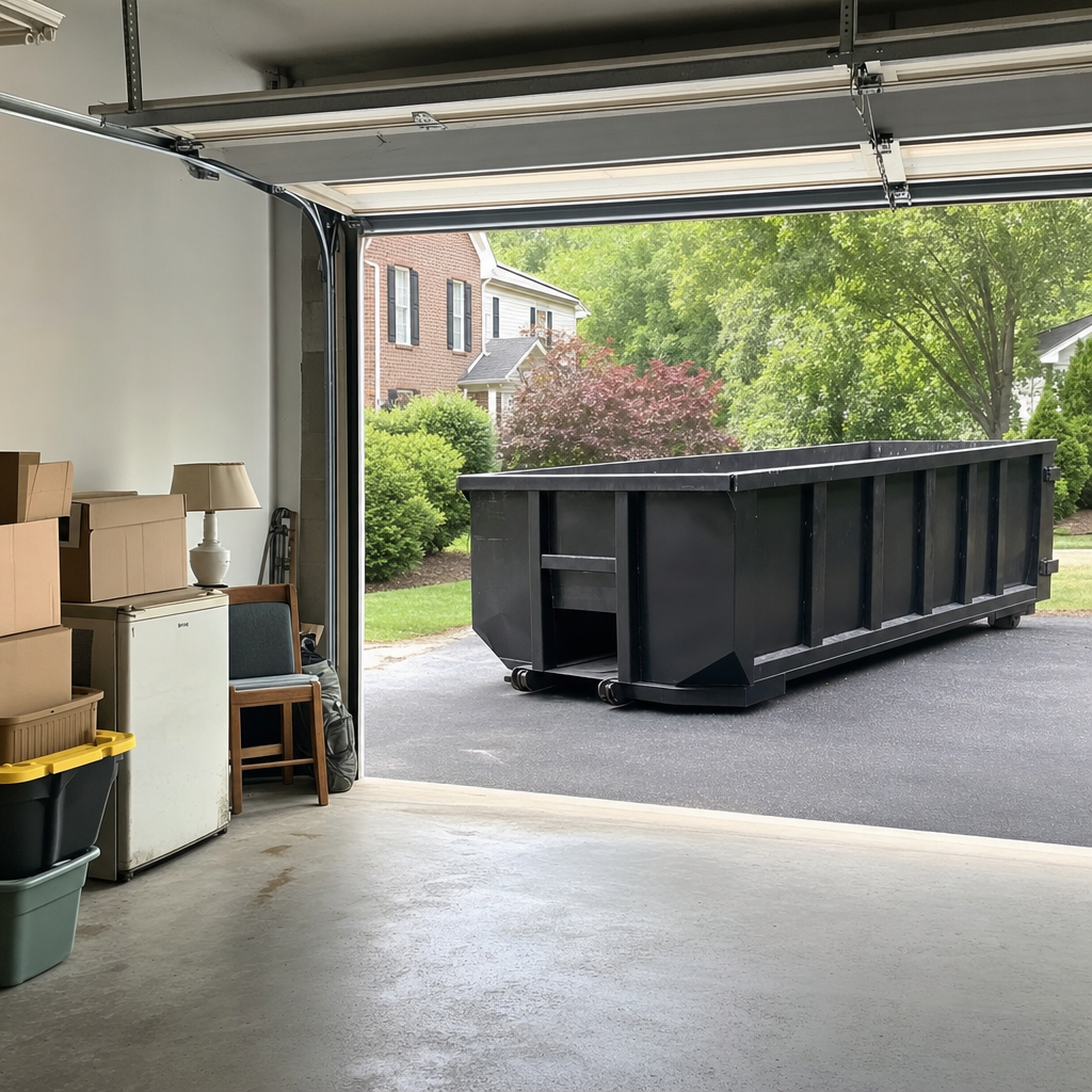 Open garage interior in a Clinton home mid-cleanout — boxed items, an old appliance, and stacked yard tools queued near the driveway for a matte-black roll-off dumpster, organized and calm