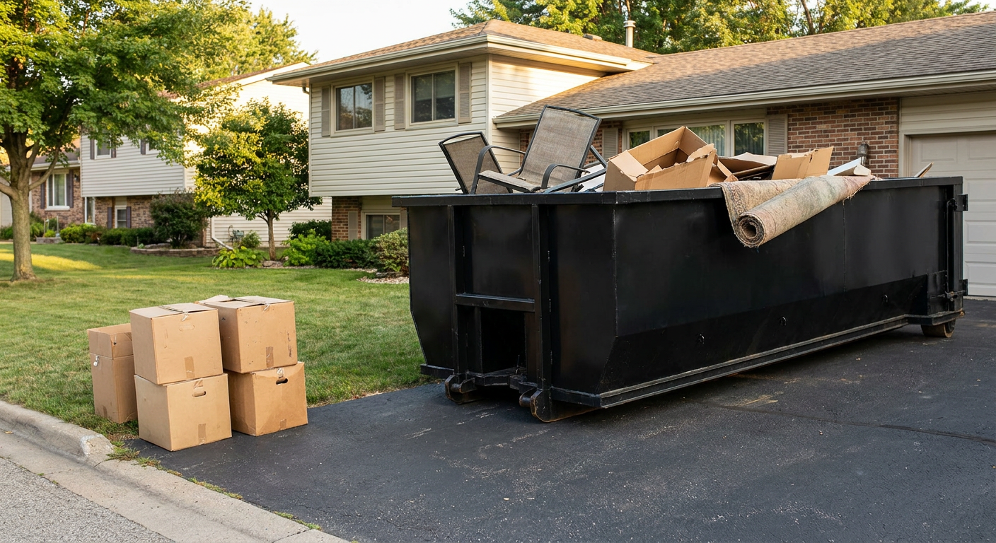 Front-yard view of a Clinton split-level home with a 20-yard matte-black roll-off dumpster sitting directly on the asphalt driveway, a few clearly labeled donation boxes staged at the curb, calm sunny afternoon.