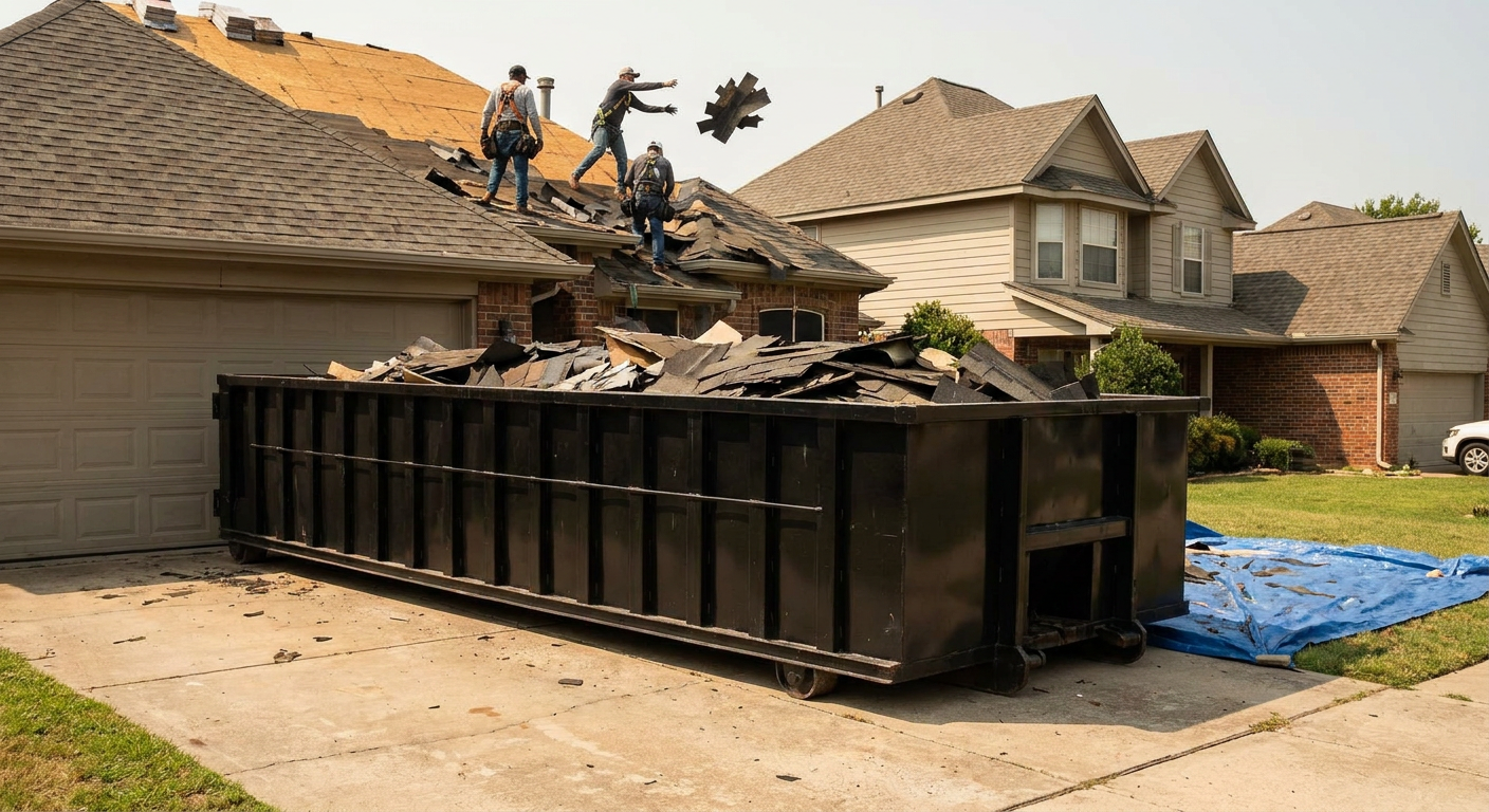 Matte-black roofing roll-off dumpster placed directly on a Clinton residential concrete driveway, a tear-off crew on a two-story asphalt-shingle roof tossing shingle bundles into the low-walled container, bright daylight, documentary 35mm perspective.