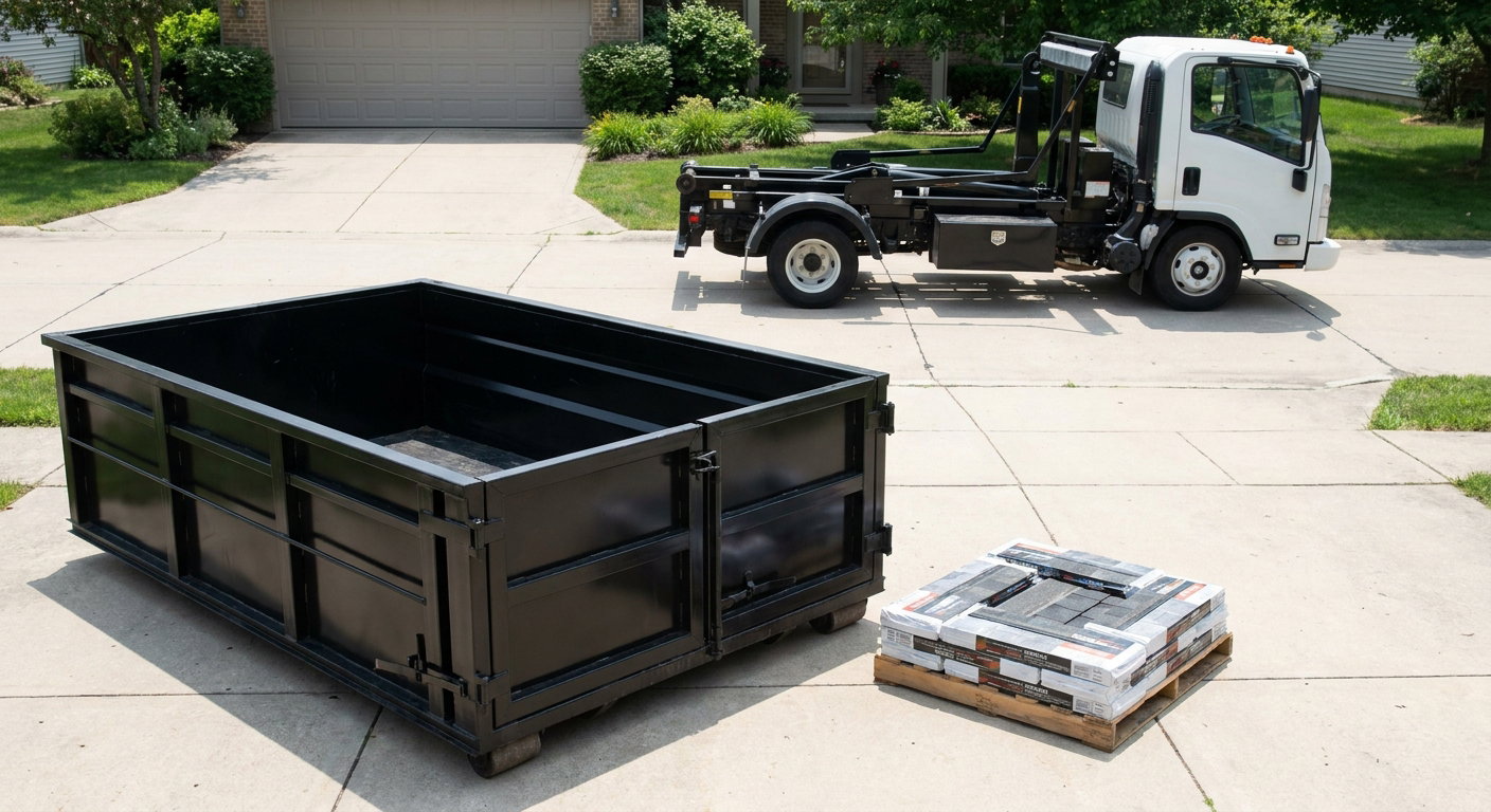 Matte-black 15-yard roofing roll-off dumpster with reinforced low side walls sitting directly on a Clinton residential concrete driveway, three-tab asphalt shingle bundles stacked nearby, an unmarked white hauler truck partially visible at the edge of the frame.