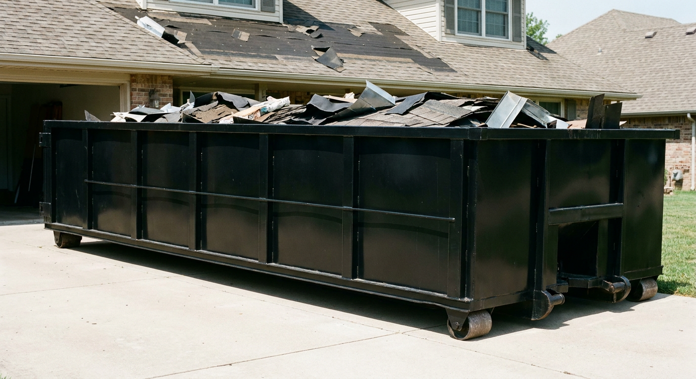 Matte-black 20-yard roofing roll-off dumpster with steel ribbed sides and swinging rear door, sitting directly on the concrete driveway of a two-story Clinton home, asphalt shingle debris being loaded over the low wall, clean documentary lighting.