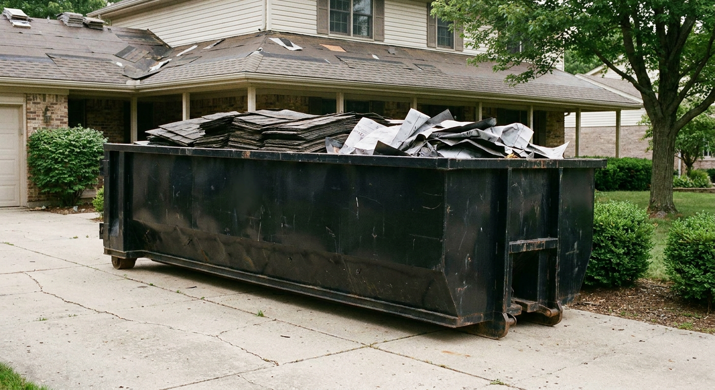 Matte-black 30-yard roofing roll-off dumpster sitting directly on a Clinton concrete driveway, taller ribbed steel side panels, mixed tear-off debris of asphalt shingles and underlayment inside, professional documentary daylight.