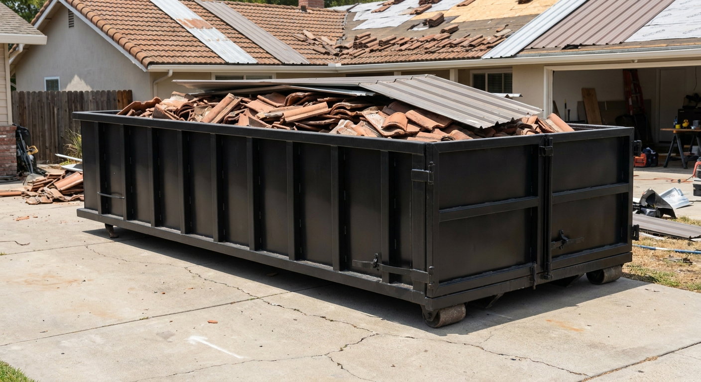 Matte-black low-wall heavy-debris roofing roll-off dumpster sitting directly on a Clinton concrete driveway, broken concrete clay roof tiles and metal panel sections loaded inside, reinforced ribbed steel side walls visible, bright outdoor daylight.