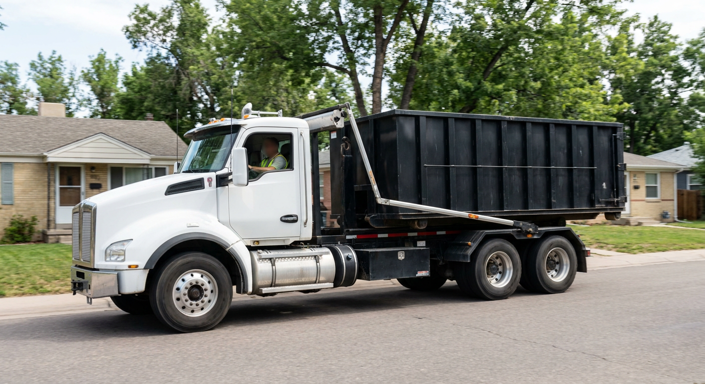 A wide documentary shot of a matte-black roll-off delivery truck pulling onto a quiet Clinton residential street at mid-morning, with neighborhood rooftops and tree-lined blocks visible behind, showing the metro coverage footprint.