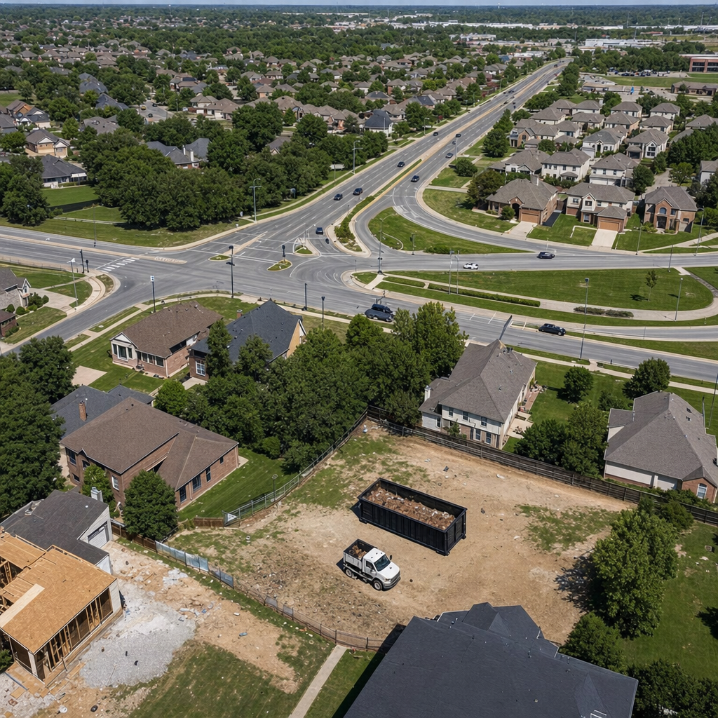 An overhead documentary view of the Clinton metro area at midday, showing the spread of neighborhoods, arterial roads, and the dispatch radius from a central yard — clean daylight, organized geographic layout.