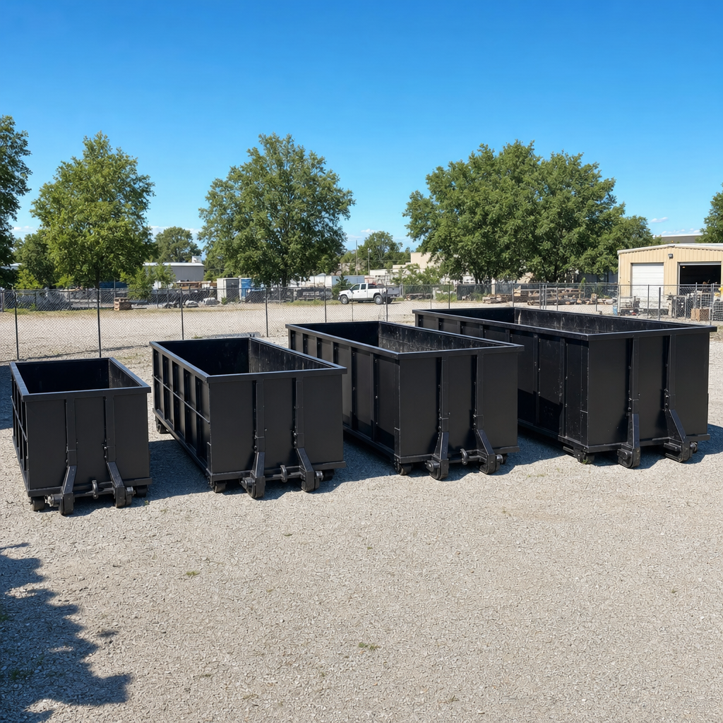 A clean lineup of matte-black roll-off dumpsters in 10, 20, 30, and 40-yard sizes staged on a sunlit gravel yard in Clinton, showing the size progression from compact to commercial-scale containers.