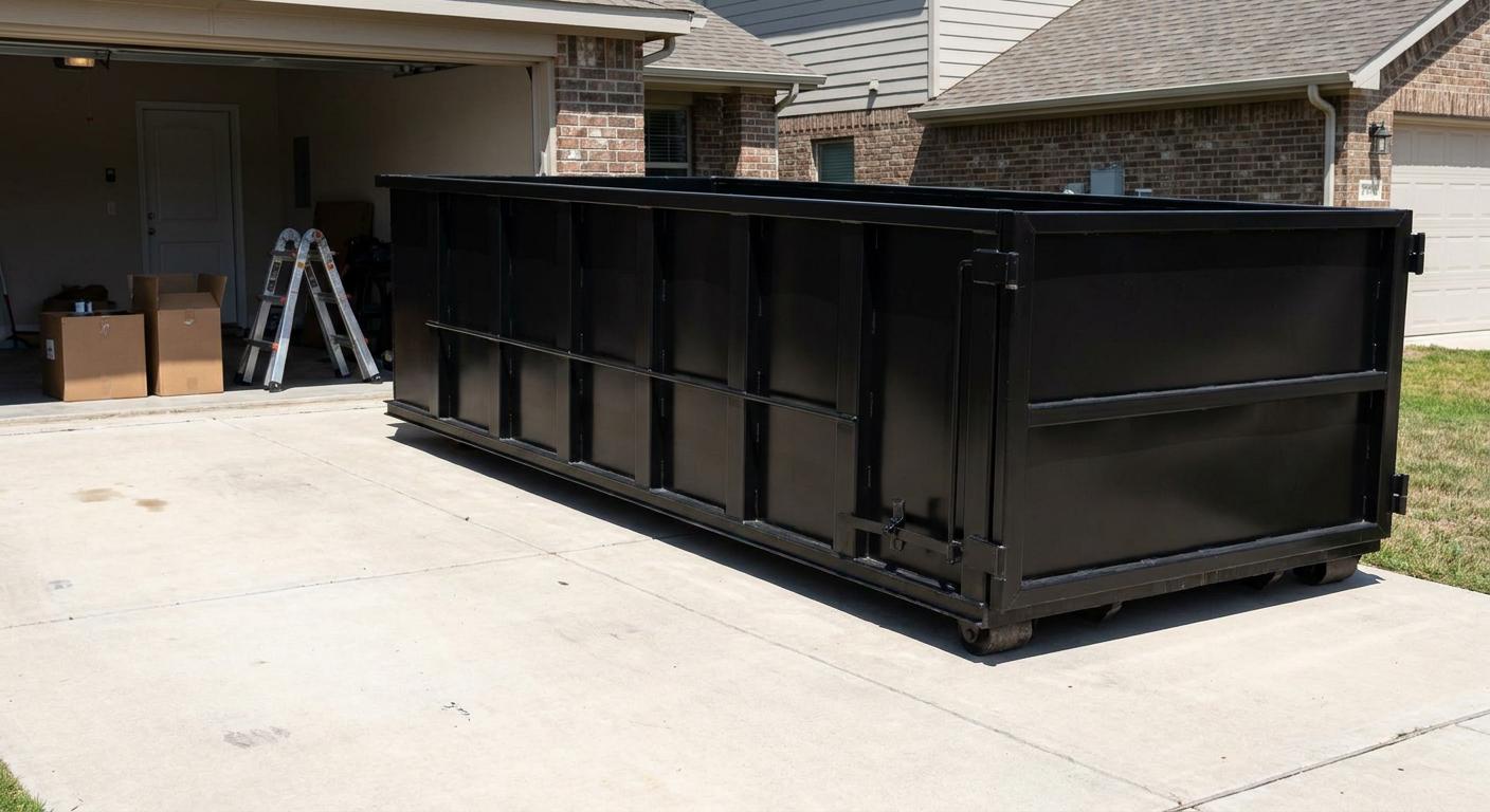 A matte-black 10-yard roll-off dumpster sitting directly on a residential Clinton concrete driveway, mid-day sunlight, clean and ready for a garage cleanout.