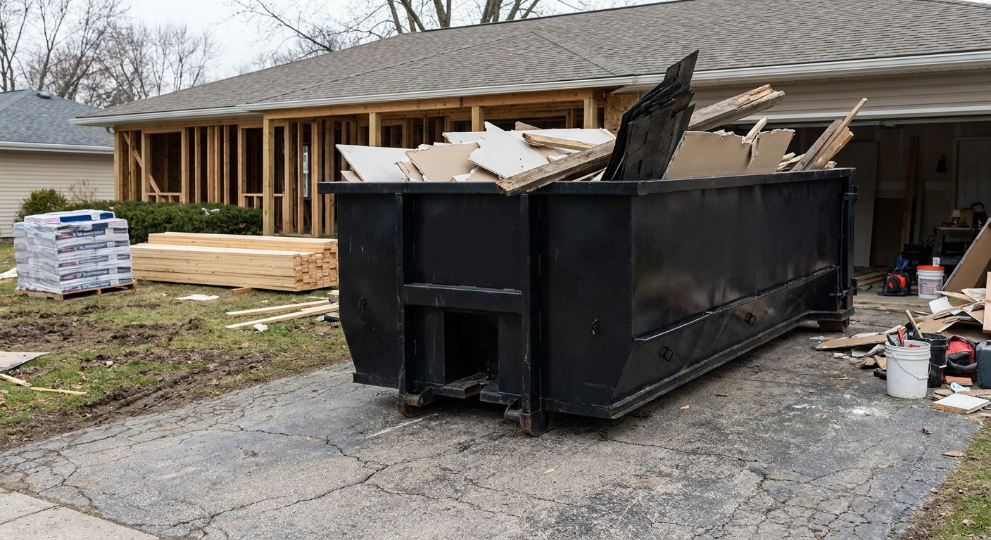 A matte-black 20-yard roll-off dumpster placed alongside a mid-renovation Clinton home directly on the asphalt driveway, with framing materials and torn-off shingles staged neatly nearby.