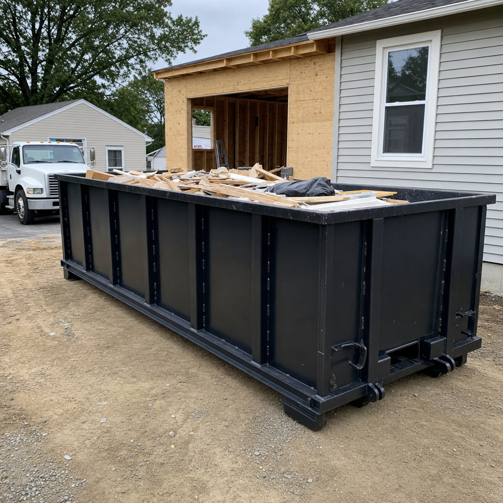 A matte-black 30-yard roll-off dumpster positioned at a Clinton residential addition jobsite, with framing lumber and drywall scraps loaded through the open swinging rear doors.