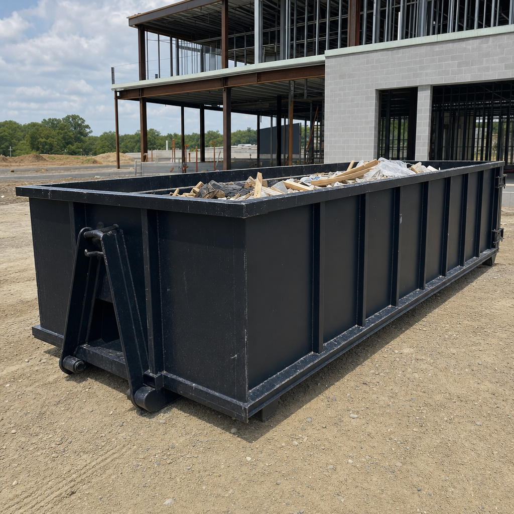 A matte-black 40-yard roll-off dumpster staged on a large Clinton commercial construction lot, with a hooklift delivery truck parked alongside under bright midday sky.