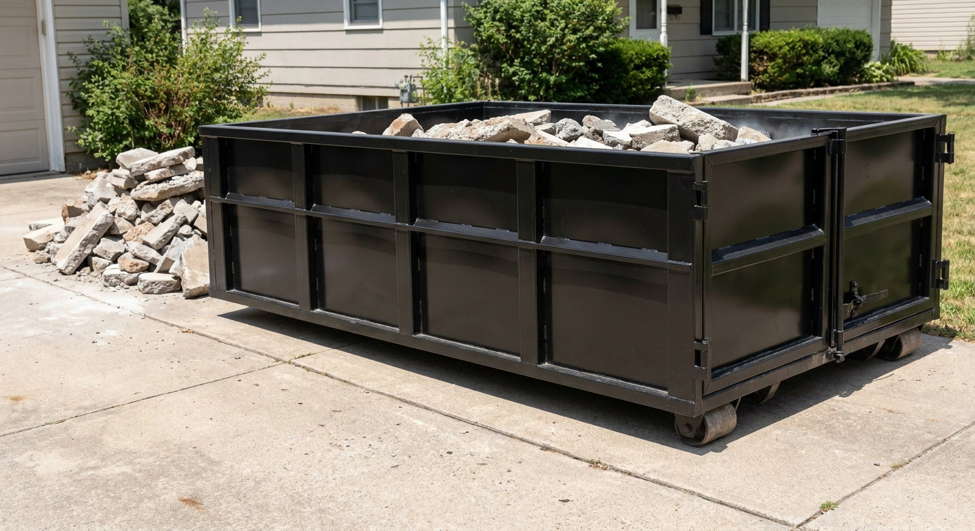 A matte-black low-side heavy-debris roll-off dumpster placed directly on a Clinton concrete driveway, with broken concrete chunks neatly stacked beside it under clean daylight.